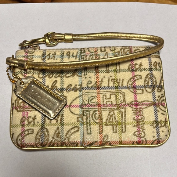 Coach Gold and Multicolor Plaid Wristlet - Picture 1 of 12